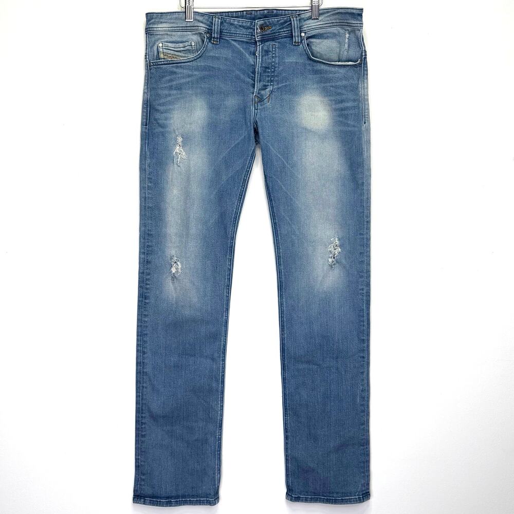 DIESEL Safado Regular Slim Straight Jeans Mens 34 Blue Distressed Button Fly